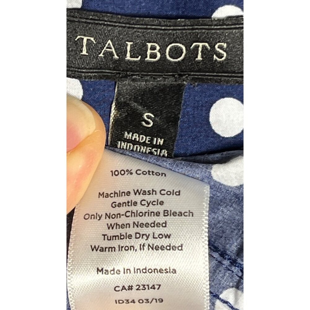 Talbots Blue Polka Dot Shirt Button Up Cotton Blouse Career Preppy Layer Women S - Picture 3 of 9